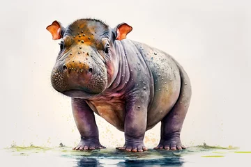 Fotobehang Waterverf safari dieren Watercolor painting of a cute baby hippo. Baby hippo. generative ai. Aquarelle illustration  © Aquir