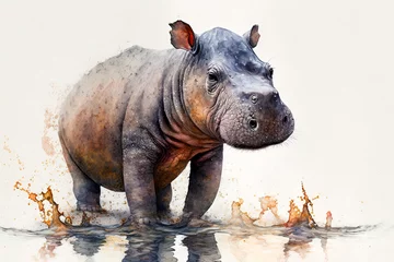 Wall murals Watercolor painting of a cute baby hippo. Baby hippo. generative ai. Aquarelle illustration