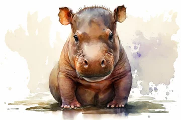 Fotobehang Waterverf safari dieren Watercolor painting of a cute baby hippo. Baby hippo. generative ai. Aquarelle illustration  © Aquir