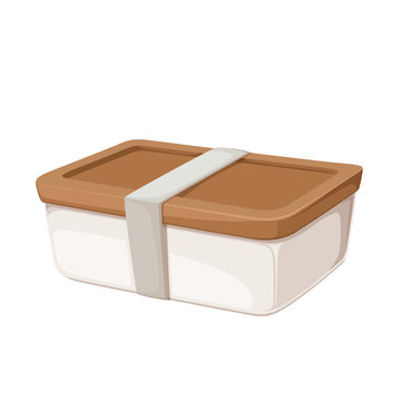 Glass Lunchbox Vector Illustration. Cartoon Isolated Food Storage Eco Container With Wooden Lid, Reusable Glass Box For Snacks On Kids School Lunch, Closed Jar For Organised Meal In Refrigerator