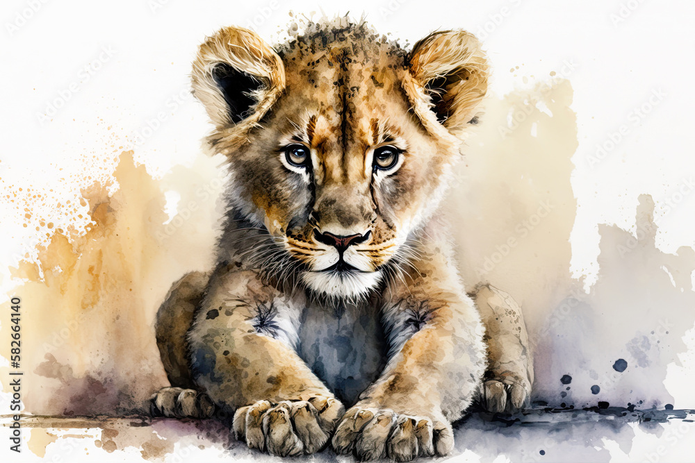 Wall mural Watercolor painting of a cute baby lion. generative ai. Baby lion. Aquarelle illustration