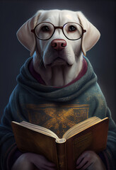 Labrador dog reading a book. Generative AI