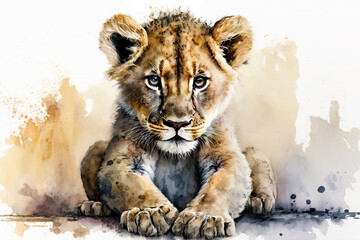 Watercolor painting of a cute baby lion. generative ai. Baby lion. Aquarelle illustration
