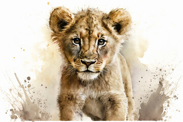 Watercolor painting of a cute baby lion. generative ai. Baby lion. Aquarelle illustration