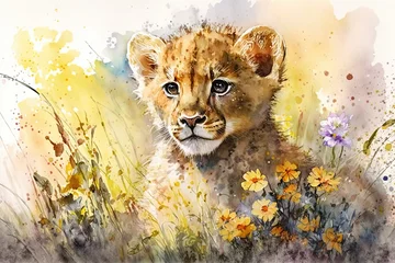 Fotobehang Waterverf safari dieren Watercolor painting of a cute baby lion on a blooming meadow. Baby lion. generative ai. Aquarelle illustration  © Aquir