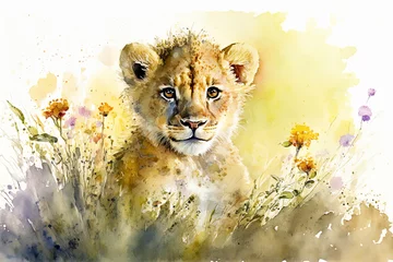 Fotobehang Waterverf safari dieren Watercolor painting of a cute baby lion on a blooming meadow. Baby lion. generative ai. Aquarelle illustration  © Aquir
