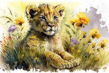 Wall murals Watercolor painting of a cute baby lion on a blooming meadow. Baby lion. generative ai. Aquarelle illustration