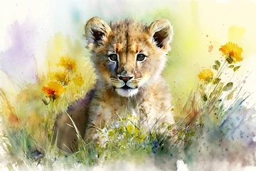 Fotobehang Waterverf safari dieren Watercolor painting of a cute baby lion on a blooming meadow. Baby lion. generative ai. Aquarelle illustration  © Aquir
