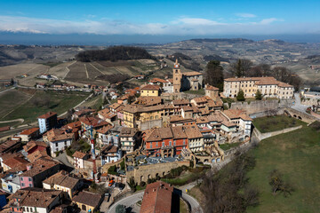 view of the picturesque village of Montforte d'Alba in the Barolo wine region of the Italian Piedmont - obrazy, fototapety, plakaty