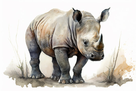 Watercolor painting of a cute baby rhino. generative ai. Baby rhino. Aquarelle illustration