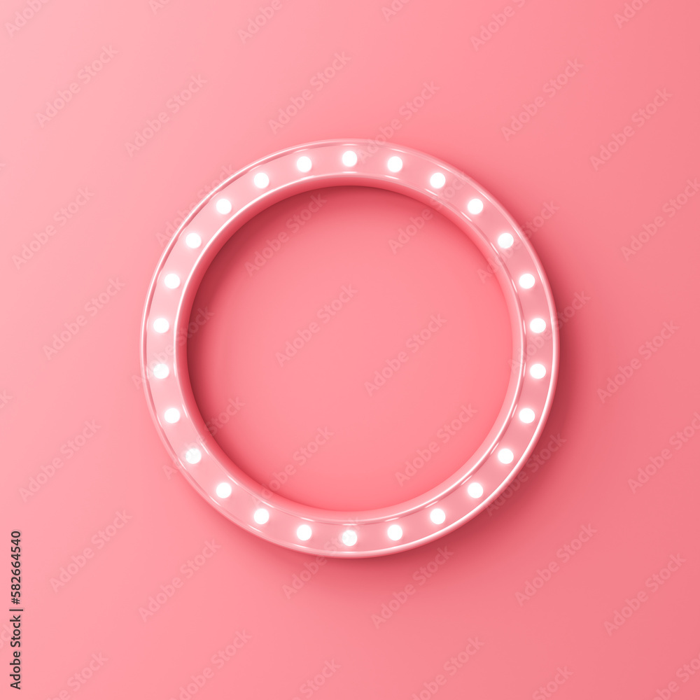 Poster sweet pink retro round sign billboard with neon light bulbs frame isolated on pink orange pastel col