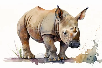Wall murals Watercolor painting of a cute baby rhino. generative ai. Baby rhino. Aquarelle illustration