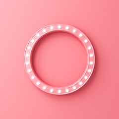 Sweet pink retro round sign billboard with neon light bulbs frame isolated on pink orange pastel color wall background with shadow minimal concept 3D rendering