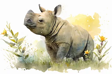 Wall murals Watercolor painting of a cute baby rhino on a blooming meadow. Baby rhino. generative ai. Aquarelle illustration