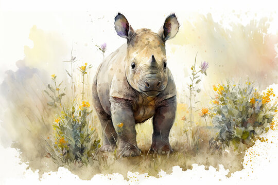 Watercolor painting of a cute baby rhino on a blooming meadow. Baby rhino. generative ai. Aquarelle illustration