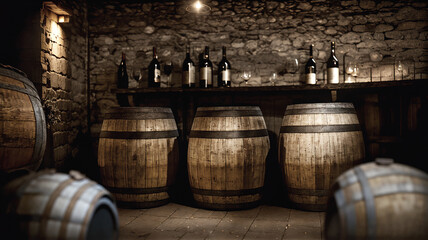 wooden wine barrels in row laying in basement with stone walls glass and bottles with wine staying on wooden bench some lights, generative AI