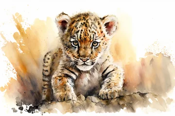 Fotobehang Waterverf safari dieren Watercolor painting of a cute baby tiger. Baby tiger. generative ai. Aquarelle illustration  © Aquir