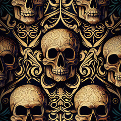 Repeating Pattern Of Human Skulls In A Gothic Illustration. Generative AI