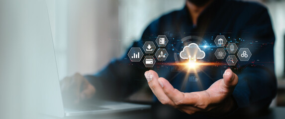 Database storage cloud technology file data transfer sharing, cyber, big data information for financial online marketing, internet banking application or computer download upload backup cloud drive.