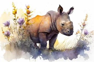 Wall murals Watercolor painting of a cute baby rhino on a blooming meadow. Baby rhino. generative ai. Aquarelle illustration