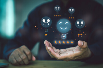 Customer services rating feedback satisfaction survey online business review questionnaire on technology data exchanges development for service mind, social media digital global marketing management - obrazy, fototapety, plakaty