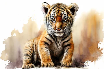 Fotobehang Waterverf safari dieren Watercolor painting of a cute baby tiger. Baby tiger. generative ai. Aquarelle illustration  © Aquir