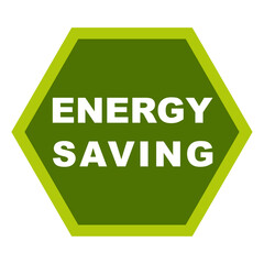Energy saving logo, hexagon shape with green color. Label, sticker, stamp idea icon symbol, eco vector illustration graphic isolated on white background.