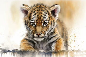 Fotobehang Waterverf safari dieren Watercolor painting of a cute baby tiger. Baby tiger. generative ai. Aquarelle illustration  © Aquir