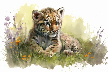 Wall murals Watercolor painting of a cute baby tiger on a blooming meadow. Baby tiger. generative ai. Aquarelle illustration