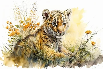Fotobehang Waterverf safari dieren Watercolor painting of a cute baby tiger on a blooming meadow. Baby tiger. generative ai. Aquarelle illustration  © Aquir
