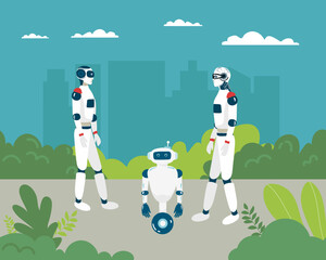 Alien robots, future technology cartoon characters. Robotic life forms, futuristic machines or cyborgs workers with artificial intelligence, claws on hands and glowing neon eyes vector,