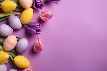 Naklejka na ściany i meble a purple background with tulips and easter eggs on the bottom of the image and a purple background with tulips and an egg on the bottom of the image. generative ai