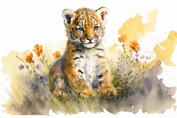 Ingelijste posters Waterverf safari dieren Watercolor painting of a cute baby tiger on a blooming meadow. Baby tiger. generative ai. Aquarelle illustration  © Aquir