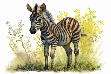 Fotobehang Waterverf safari dieren Watercolor painting of a cute baby zebra on a blooming meadow. Baby zebra. generative ai. Aquarelle illustration  © Aquir