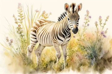 Vlies Fotobehang Watercolor painting of a cute baby zebra on a blooming meadow. Baby zebra. generative ai. Aquarelle illustration