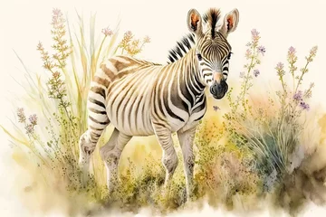 Wall murals Watercolor painting of a cute baby zebra on a blooming meadow. Baby zebra. generative ai. Aquarelle illustration