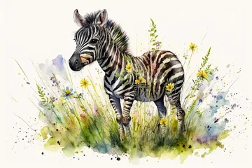 Wall murals Watercolor painting of a cute baby zebra on a blooming meadow. Baby zebra. generative ai. Aquarelle illustration