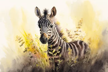 Keuken achterwand Waterverf safari dieren Watercolor painting of a cute baby zebra on a blooming meadow. Baby zebra. generative ai. Aquarelle illustration  © Aquir