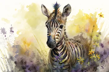 Wall murals Watercolor painting of a cute baby zebra on a blooming meadow. Baby zebra. generative ai. Aquarelle illustration