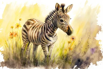 Wall murals Watercolor painting of a cute baby zebra on a blooming meadow. Baby zebra. generative ai. Aquarelle illustration