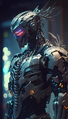 Futuristic fighting robot in armor. Generative AI
