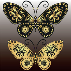 Fototapeta na wymiar Vector set vintage golden and black butterflies for your design