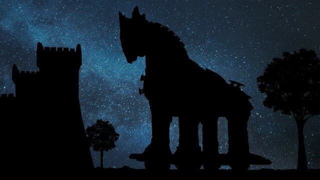 Trojan Horse in Silhouette by Night: Time Lapse with Stars and Milky Way in Background