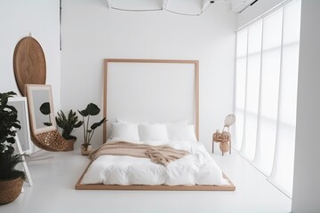 sleeping in a wonderful Minimalist room, large blank frame, light wood frame, white boho style inside studio, white walls, a little bit overexposed - Generative AI