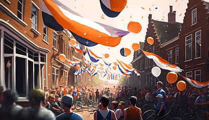 King’s Day in Netherlands. Selective focus with excessive noise,compression artifacts and film grain filter. Generative AI - obrazy, fototapety, plakaty