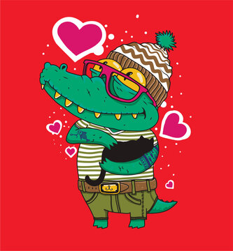 Crocodile in Love with Glasses and a Hat with a Cat in his Hands Vector Illustration