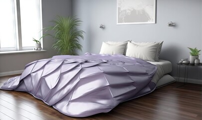  a bed with a purple comforter on top of it.  generative ai