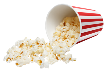Delicious popcorn poured out of red striped carton cup, cut out