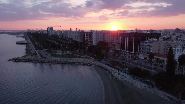 Limassol seafront at sunset drone shot, Cyprus