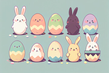 Colorful Easter Bunnies and Eggs Illustration